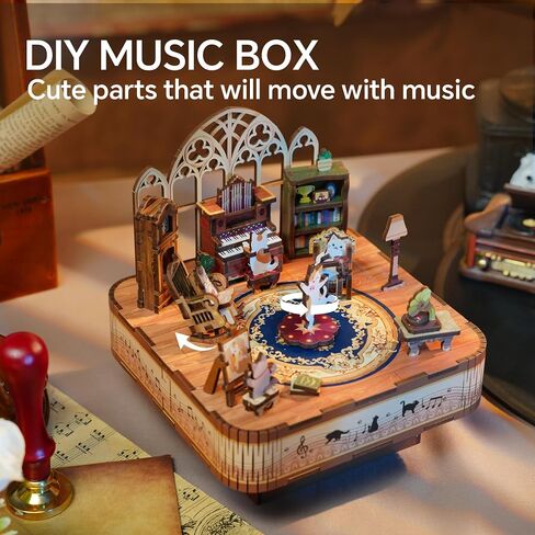 Tonecheer Wooden Music Box Puzzle for Adults,DIY Rotating Music Box Kit 3D Creative Musical Puzzle Crafts Model Building Kits Desk Decor for Teens Kids Birthday Gift (Cats Family) in Kuwait