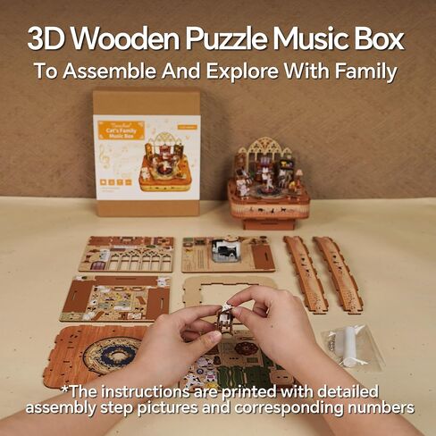 Tonecheer Wooden Music Box Puzzle for Adults,DIY Rotating Music Box Kit 3D Creative Musical Puzzle Crafts Model Building Kits Desk Decor for Teens Kids Birthday Gift (Cats Family) in Kuwait