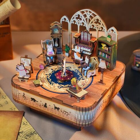 Tonecheer Wooden Music Box Puzzle for Adults,DIY Rotating Music Box Kit 3D Creative Musical Puzzle Crafts Model Building Kits Desk Decor for Teens Kids Birthday Gift (Cats Family) in Kuwait