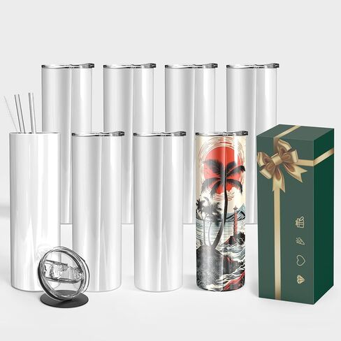 8 Pack 20 oz Sublimation Tumbler Blank, Straight Skinny Tumbler Stainless Steel Insulated Sublimation Tumblers Polymer Coating, with Individual Box, Metal Straws, Lids, DIY, Crafte in Saudi Arabia