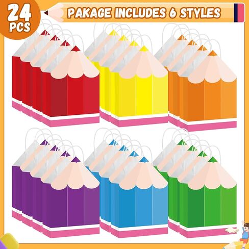 Ojustbeok 12pcs مرحبًا بك مرة أخرى في أكياس هدايا قلم رصاص للمدرسة للمعلم في اليوم الأول من صناديق الحلوى بالمدرسة مع مقبض حقيبة جيدة على شكل قلم رصاص لرياضة رياض الأطفال ، حفلات عيد ميلاد الطفل الإمداد in Kuwait
