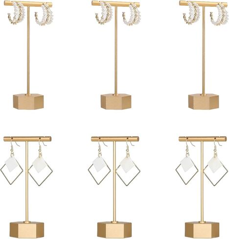 GemeShou 6pcs Gold Earring display T bar stand for selling, Metal Jewelry earring holder, Small Earring Display Holder, Cute Jewelry photography props for Show【Gold-Round Base 6pcs】 in Kuwait