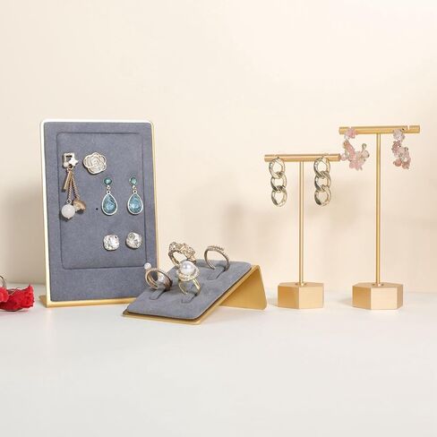 GemeShou 6pcs Gold Earring display T bar stand for selling, Metal Jewelry earring holder, Small Earring Display Holder, Cute Jewelry photography props for Show【Gold-Round Base 6pcs】 in Kuwait