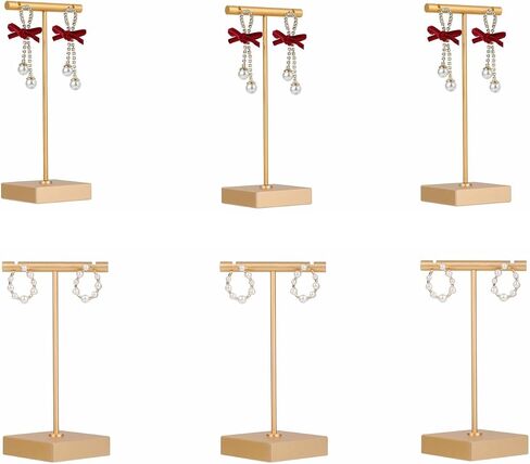 GemeShou 6pcs Gold Earring display T bar stand for selling, Metal Jewelry earring holder, Small Earring Display Holder, Cute Jewelry photography props for Show【Gold-Round Base 6pcs】 in Kuwait