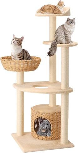 Tall Heavy Duty Rattan Cat Tree Hammock with Scratching Post,Basket,Bed,and Stand Modern Cat Climbing Tower Condo for Indoor Large Adult Cat in Kuwait