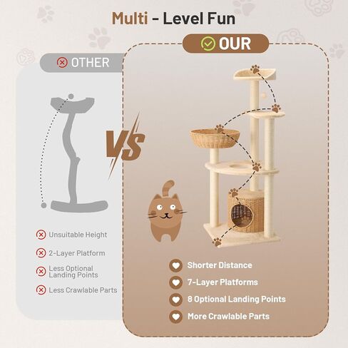Tall Heavy Duty Rattan Cat Tree Hammock with Scratching Post,Basket,Bed,and Stand Modern Cat Climbing Tower Condo for Indoor Large Adult Cat in Kuwait