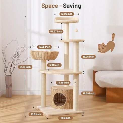 Tall Heavy Duty Rattan Cat Tree Hammock with Scratching Post,Basket,Bed,and Stand Modern Cat Climbing Tower Condo for Indoor Large Adult Cat in Kuwait