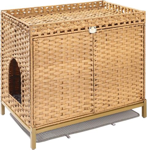 قطة القمامة مربع العلبة منزل القطط مع أقدام معدنية ارتفاع 30.3 × 18.3 × 28 بوصة ، راتان منسوف يدويا الأثاث القمامة المخفية مع حصيرة القمامة للحيوانات الأليفة لغرفة النوم وغرفة المعيشة الطبيعية in Saudi Arabia