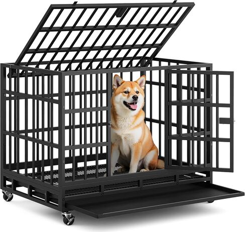 Greesum 38 INCH Heavy Duty Indestructible Dog Crate for Large Dog, Escape Proof Dog Cage Kennel, Extra Large Crate Indoor with High Anxiety Double Door, Lockable Wheels, Removable Tray in Saudi Arabia