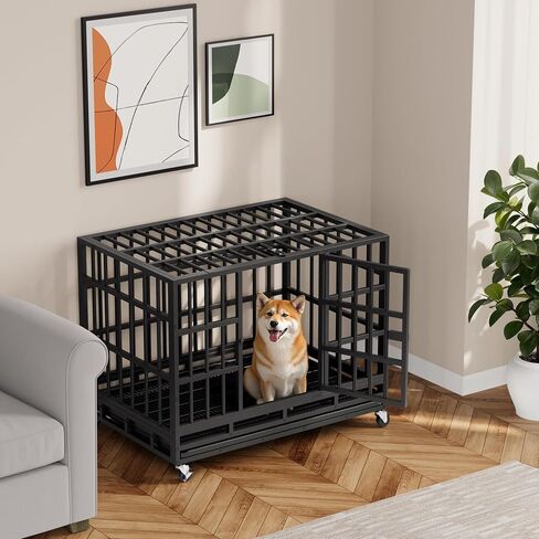 Greesum 38 INCH Heavy Duty Indestructible Dog Crate for Large Dog, Escape Proof Dog Cage Kennel, Extra Large Crate Indoor with High Anxiety Double Door, Lockable Wheels, Removable Tray in Saudi Arabia