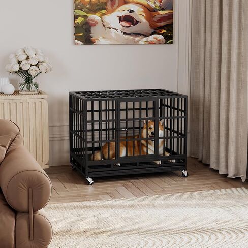 Greesum 38 INCH Heavy Duty Indestructible Dog Crate for Large Dog, Escape Proof Dog Cage Kennel, Extra Large Crate Indoor with High Anxiety Double Door, Lockable Wheels, Removable Tray in Saudi Arabia