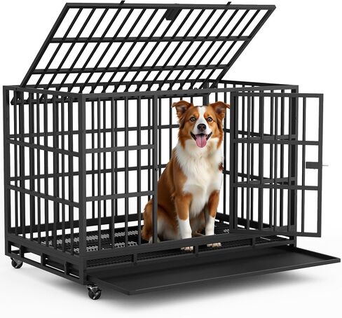 Greesum 38 INCH Heavy Duty Indestructible Dog Crate for Large Dog, Escape Proof Dog Cage Kennel, Extra Large Crate Indoor with High Anxiety Double Door, Lockable Wheels, Removable Tray in Saudi Arabia