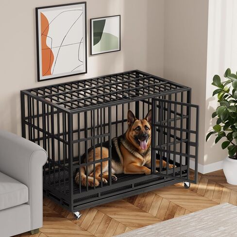 Greesum 38 INCH Heavy Duty Indestructible Dog Crate for Large Dog, Escape Proof Dog Cage Kennel, Extra Large Crate Indoor with High Anxiety Double Door, Lockable Wheels, Removable Tray in Saudi Arabia