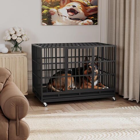Greesum 38 INCH Heavy Duty Indestructible Dog Crate for Large Dog, Escape Proof Dog Cage Kennel, Extra Large Crate Indoor with High Anxiety Double Door, Lockable Wheels, Removable Tray in Saudi Arabia