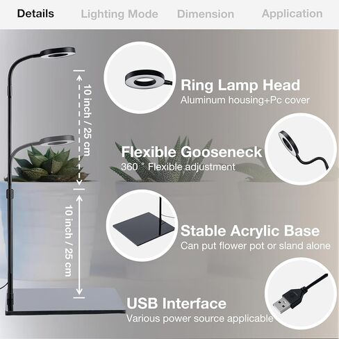 LED Aquarium Light مع قاعدة ، مصباح نمو نباتات USB قابلة للضايق لخزان أسماك Betta ، النباتات المحفوظة بوعاء ، العصارة ، المناظر الطبيعية المصغرة (قاعدة أكريليك أسود 10W ، صغيرة) in Kuwait