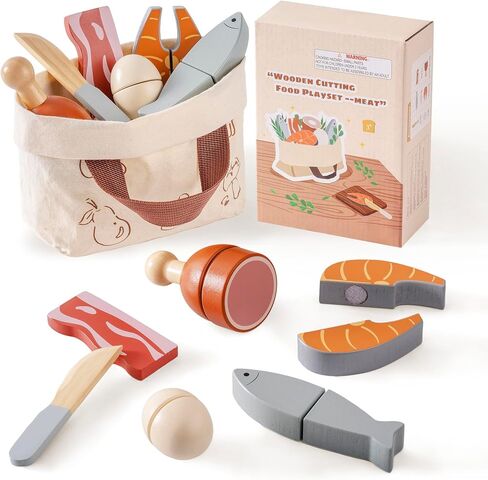ROBOTIME Wooden Play Food 4-in-1 Cutting Set, Pretend Play Toy Food for Play Kitchen with Shopping Bag – Kids Kitchen Accessories, Wooden Play Food for Boys & Girls in Kuwait