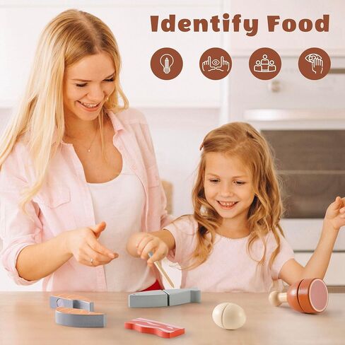 ROBOTIME Wooden Play Food 4-in-1 Cutting Set, Pretend Play Toy Food for Play Kitchen with Shopping Bag – Kids Kitchen Accessories, Wooden Play Food for Boys & Girls in Kuwait