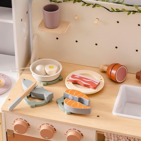 ROBOTIME Wooden Play Food 4-in-1 Cutting Set, Pretend Play Toy Food for Play Kitchen with Shopping Bag – Kids Kitchen Accessories, Wooden Play Food for Boys & Girls in Kuwait