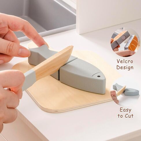 ROBOTIME Wooden Play Food 4-in-1 Cutting Set, Pretend Play Toy Food for Play Kitchen with Shopping Bag – Kids Kitchen Accessories, Wooden Play Food for Boys & Girls in Kuwait