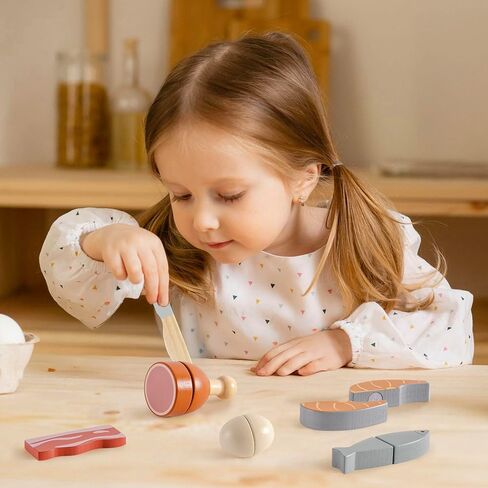 ROBOTIME Wooden Play Food 4-in-1 Cutting Set, Pretend Play Toy Food for Play Kitchen with Shopping Bag – Kids Kitchen Accessories, Wooden Play Food for Boys & Girls in Kuwait