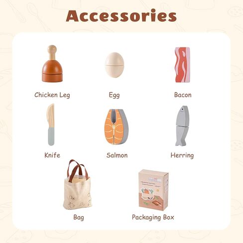 ROBOTIME Wooden Play Food 4-in-1 Cutting Set, Pretend Play Toy Food for Play Kitchen with Shopping Bag – Kids Kitchen Accessories, Wooden Play Food for Boys & Girls in Kuwait