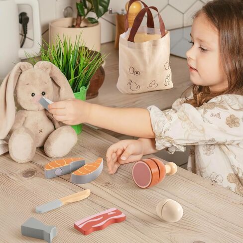 ROBOTIME Wooden Play Food 4-in-1 Cutting Set, Pretend Play Toy Food for Play Kitchen with Shopping Bag – Kids Kitchen Accessories, Wooden Play Food for Boys & Girls in Kuwait