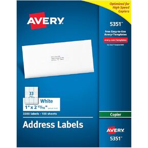 Avery 5351 Copier Label, Mailing, 1-Inch x2-13/16-Inch, 3300/BX, White