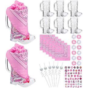 82 PCS Cowgirl Party Favors 17 Oz Cowboy Cowboy Boot Cups مع ملصقات ديسكو رعاة البقر قش Paisley Bandanas شعر scrunchies لأروديو أعياد الميلاد الغربية البكالوريوس.