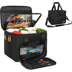 TORIBIO Knitting Bag Yarn Storage Tote, Large Crochet Organizer with 6 Removable Dividers, Yarn Holder Case for Unfinished Project, Knitting Needles, Crochet Hooks, 15.7" x10.6" x12.2"
