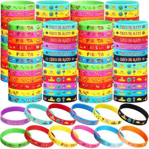 Xinnun 96 Pcs Mexican Fiesta Rubber Bracelets Cinco De Mayo Fiesta Party Silicone Wristbands with Taco Cactus Piñata Maracas Pattern for Fiesta Cinco De Mayo Party