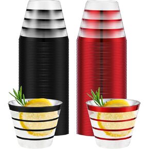 Gejoy 9 oz Rimmed Stripe Plastic Cups Bulk Disposable Wine Hard Plastic Drinking for Elegant Cocktail Cups Tumblers for Wedding Gathering Party Supplies(Black)