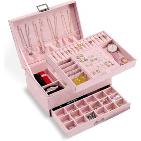 ProttyLife Jewelry Organizer Box for Women Girls, Jewelry Box 3-Tier Jewelry Display Case and Organizer,Lockable Jewelry Display Case Anti Tarnish,Varying Compartments for Necklaces, Bracelets, Rings