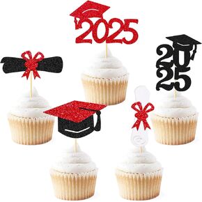 30 Pcs Graduation Cupcake Topper Graduation Cap Diplima We Are Proud of You Class of 2025 I'm Done Theme Cake Decorations for College University High School Party Supplies Glitter Décor(Red)