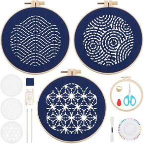 FREEBLOSS 3 Set DIY Sashiko Kit DIY Sashiko Stencil Embroidery Wall Hanging Kit with Beautiful Pattern Stencils Home Decoration Crafts Beginner Friendly
