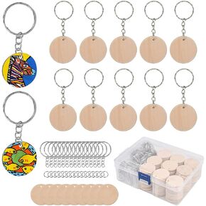 100pcs مجموعة مفاتيح مفاتيح خشبية فارغة ، أقراص غير مكتملة 1.5 بوصة مع حلقات مفتاح 100pcs