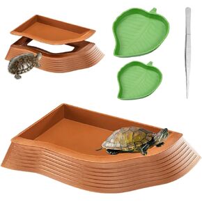 4 Pcs Turtle Water Trays with Ramp,Leaf Tortoise Food Water Bowl with Tweezers,Reptile Turtle Habitat,Tortoise Bath Bowl,Turtles Habitat Accessories,Waters Dish for Reptile Tank,for Indoor Aquariums
