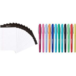 Amazon Basics Narrow Ruled 5 x 8-Inch Writing Pad - White (50 Sheet Paper Pads, 12 pack) Felt Tip Marker Pens - Assorted Color, 12-Pack