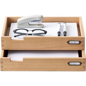 Kirigen Wooden القابلة للتكديس خطاب المنظم حزمة صينية مكتب من 2 - خشب صينية ثنائية لتنظيم سطح المكتب مع حامل بطاقة التسمية المعدنية - صينية صندوق الوارد للمكتب ، بني داكن 2TTP -DBR