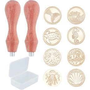 CRASPIRE Ocean موضوع شمع ختم الختم مجموعة حوت سلحفاة قذيفة ختم ختم شمع 25 مم 8pcs الرؤوس النحاسية القابلة للإزالة 1pcs المقابض الخشبية 1 صندوق لدعوة DIY دعوة الهدايا