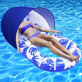 Pool Floats Adult with Canopy, Inflatable Pool Float Lounger Raft with Headrest & Cup Holder, Large Pool Floats for Adults Heavy Duty for Swimming Pool Beach & Lake Sunbathing