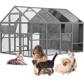 110 '' حاوية كاتو كبيرة في الهواء الطلق ، 2 في 1 حاوية القط والمشي في حظيرة دجاج كبيرة ، pet cage playpen مع سقف مقاوم للطقس ، منصات متعددة ، جسور نطاط وبيوت الراحة أبيض -1