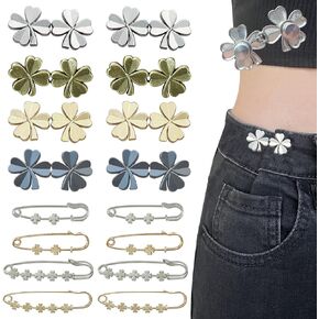 Pant Waist Tightener, 16 Set Adjustable Flower Buttons Pins for Loose Jeans Reusable Waist Tightener for Pants Women Metal Flower Brooch for Clothing No Sewing Decoration Accessories