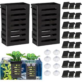 Plastic Aquarium Plant Holder, Black Fish Tank Plant Holder with Hooks & Suction Cups, Hanging Aquarium Planter Basket Cups Pot for Live Decoration Accessories (4 Pack)