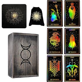 مجموعة Crafterian Deluxe من بطاقات التارو الضبابية السوداء ، صندوق خشبي داكن ، قماش وحقيبة. 78 Deck Tarot ، بطاقات التارو الأصلية للمبتدئين والخبراء مع دليل دليل.