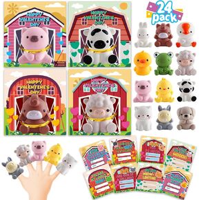 24 Pack Farm Animal Finger Puppets مع بطاقات فريدة من نوعها ، وفضل حفلات عيد الحب للبنين والبنات ، وتبادل الأطفال هدايا عيد الحب