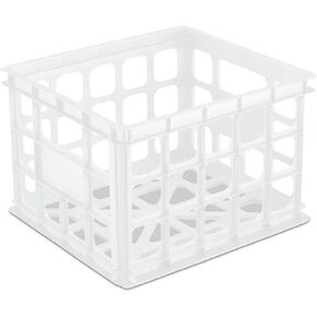 Sterilite Storage Crate, Stackable Plastic Bin Open Basket with Handles, Organize Home, Garage, Office, School, White, 18-Pack