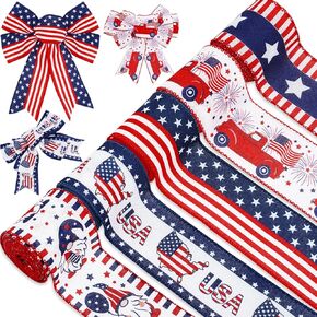 Whaline 30 Yards Patriotic Wired Edge Ribbon 4th of July Star Strip Burlap Ribbon Red Blue White American Flag Truck Gnome Wrapping Ribbon for Independence Day Craft Sewing Gift Wrapping, 5 Roll