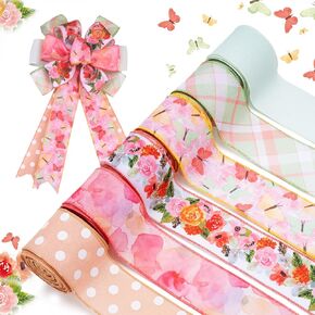 LaRibbons Floral Ribbon Wired 6 Rolls 2.5 Inch x 36 Yards TTL, Yellow Green and Pink Butterfly Flower Ribbon with Plaid and Polka Dot Printed for Spring Summer Crafts Wrapping Wreath Bow Decoration
