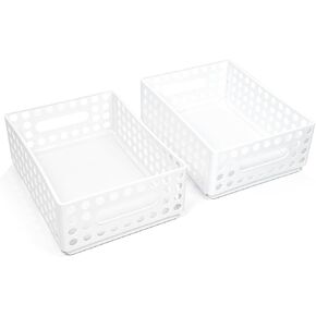 Marte Vanci 2 Pack Plastic Storage Baskets, Stackable Small Storage Bins, Collapsible Plastic Baskets with Handle for Organizing, Home, Office, Bathroom(Cream,10.4x7.8x3.8inch)