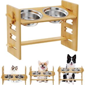 Elevated Dog Bowl, Adjustable Elevated Dog Bowl Rack for Small Sized Dogs and Cats, Durable Wooden pet Food Feeder with Nine Angles, with Two Stainless Steel Bowls